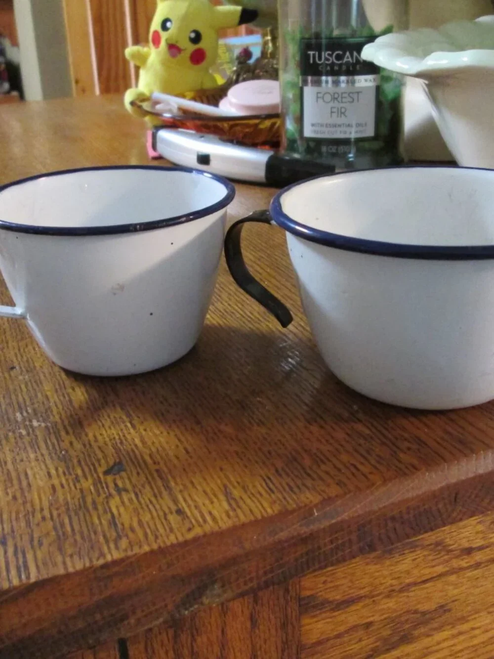 vtg white farmhouse enamelware coffee cups white black trim